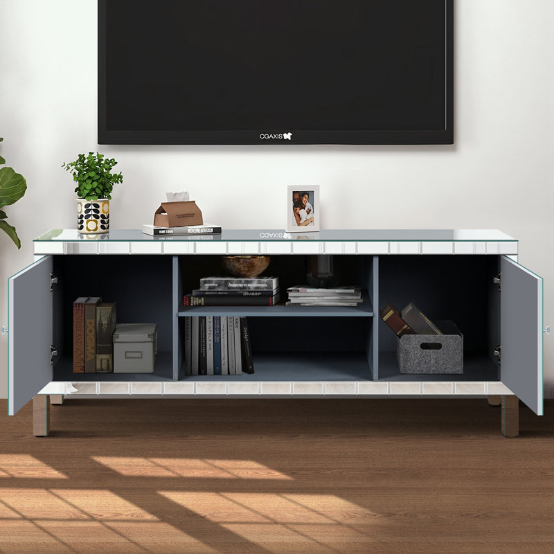 Meuble télé moderne avec 2 portes et tablette de rangement ouverte