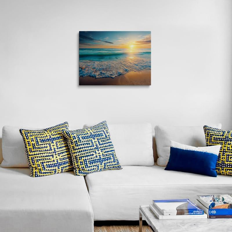 Beach Sunset Wall Art Canvas Framed Painting Golden Sunlight Over Turquoise Ocean Waves Sandy Shore Coastal Wall Decor Artwork for Living Room Bedroom Office 12x16 Inches