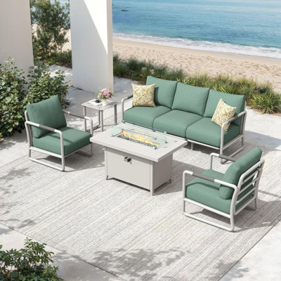 Outdoor Aluminum Patio Furniture Set, 5-Seats Patio Conversation Sofa Set with Oversized Fire Pit Table