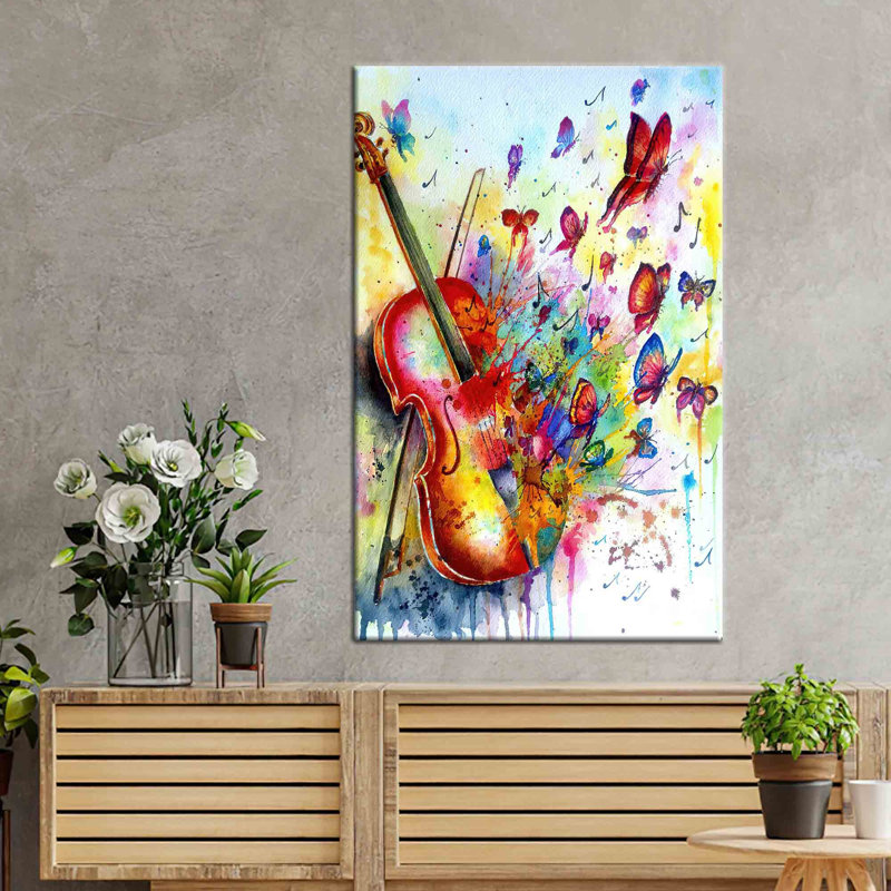 Art abstrait coloré avec un violoniste et des papillons sur toile de coton, décoration murale idéale pour les mélomanes et les amateurs de papillons