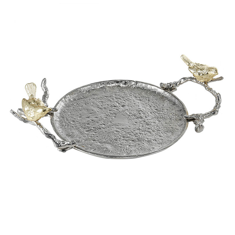 14” Decorative Silver Aluminum Tray with Gold Bird Handles, Nature-Inspired Accent Tray for Serving, Organization, or Centerpiece 