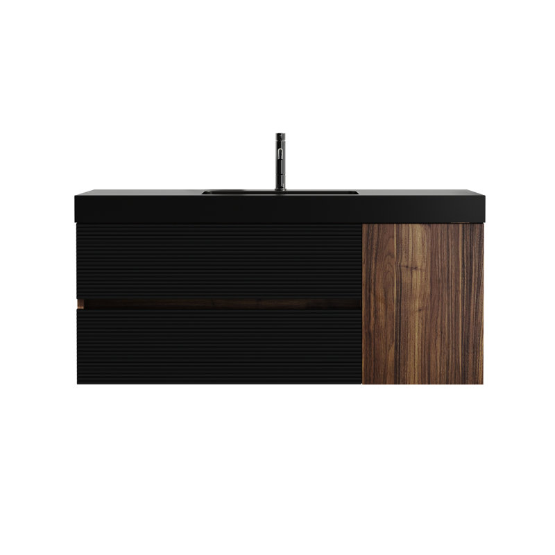 Meuble-lavabo mural moderne en noyer et noir mat, tiroirs à fermeture silencieuse silencieuse, grain de bois, meuble-lavabo intégré profond de 4,7 pouces avec lavabo intégré 48 po, lavabo d'ingénierie noir, 2 portes 1, panneaux de catégorie E1, E0
