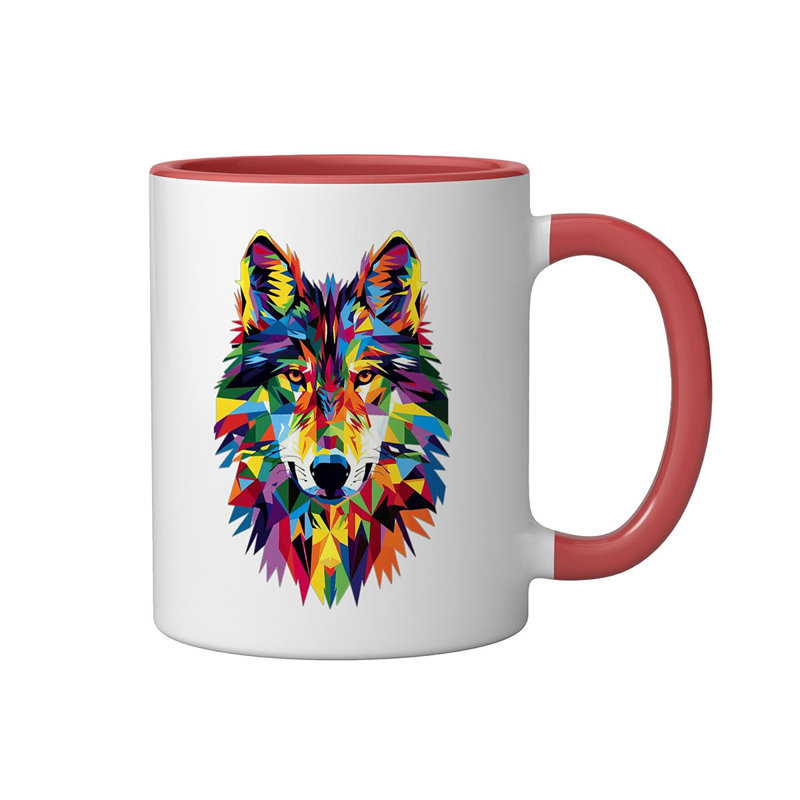 Wolf Geometric Ceramic Mug, 11oz, Red
