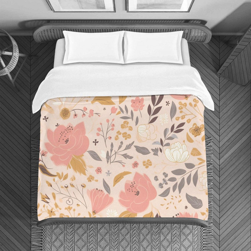 Housse de couette floral en microfibre or / rose, Housse de couette très grand