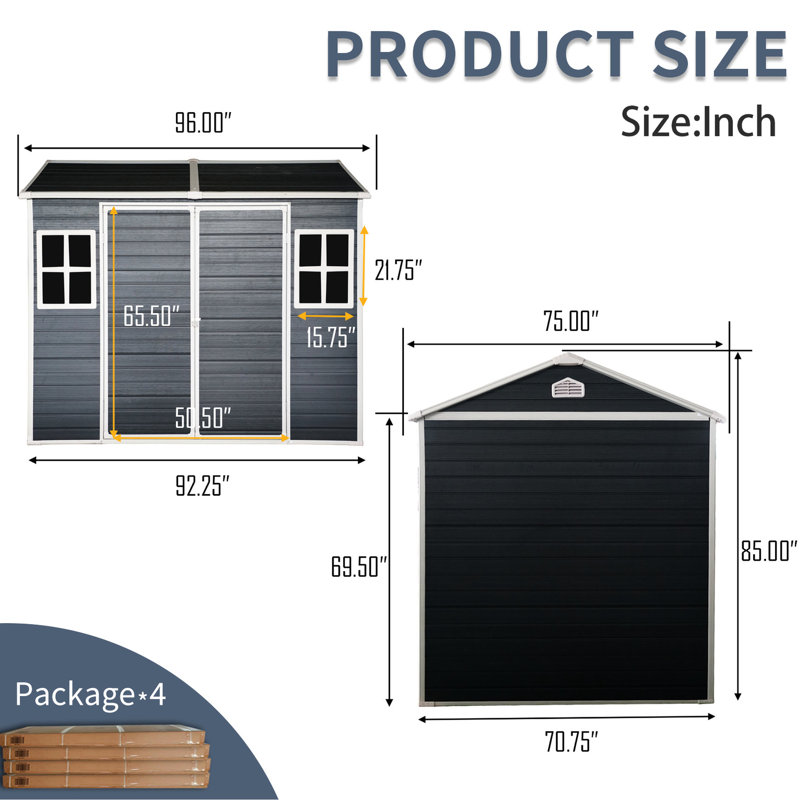 Remise extérieure 8 po x 6 pi avec porte verrouillable - Plancher de rangement imperméable en résine et porte noire avec jardin