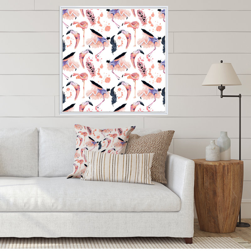 Flamant rose sur fond blanc I - Peinture sur toile, H 30 po x l 30 po, Cadre flottant blanc