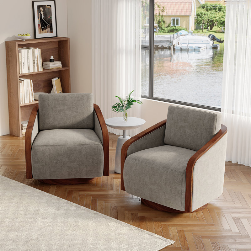Fauteuil demi-tonneau pivotant avec coussins décoratifs Farmhouse, Marron clair