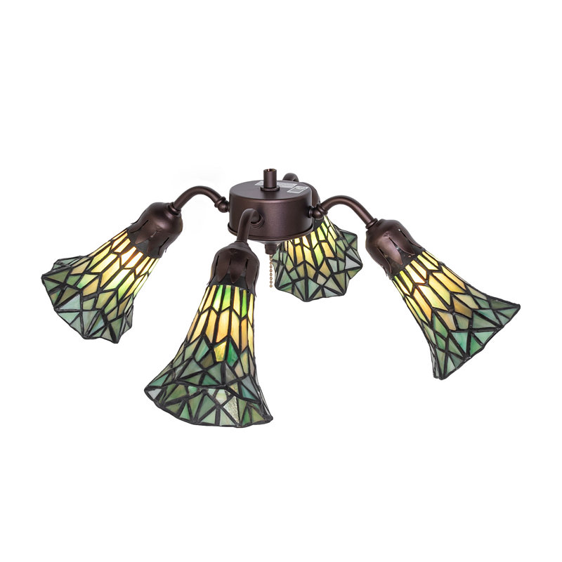 19" Wide Stained Glass Pond Lily 4 Light Fan Light, Green