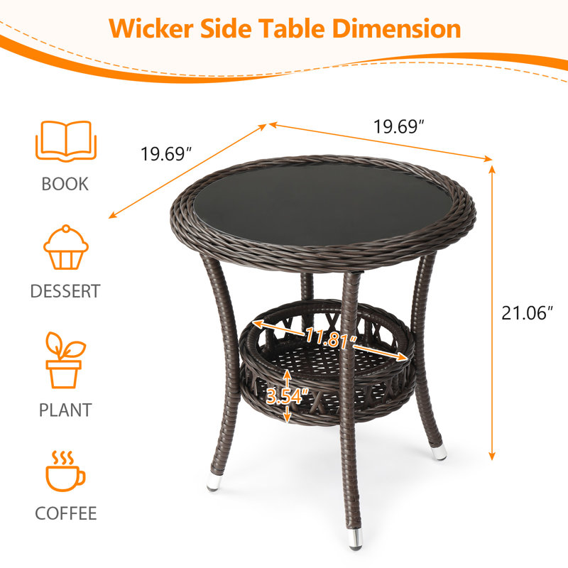 Patio Round Wicker Side Table, Brown