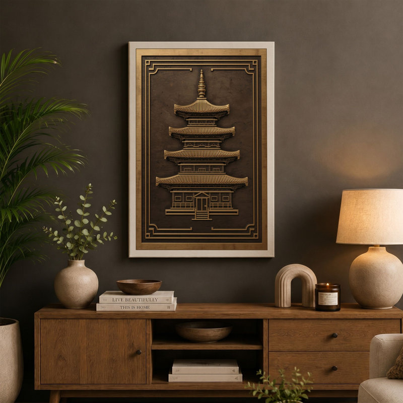 Golden Pagoda Japandi - Wrapped Canvas, 24x16 - 61.0 x 40.6 cm, Teal Border