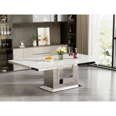 63"-94.5"  Faux Marble Dining Room Table for 6 8 10, Modern White Extendable Kitchen Table with Mirrored Pedestal, Long Large Expandable Dining Room Conference Tables for Home Office