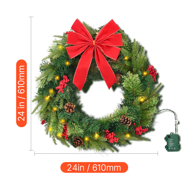 Couronne de Noël 24 pouces pré-éclairée, couronne de porte d'entrée artificielle avec minuterie de 50 lumières DEL, pommes de pin, baies rouges, feuilles de houx, décoration de vacances d'hiver pour mur de fenêtre de cheminée