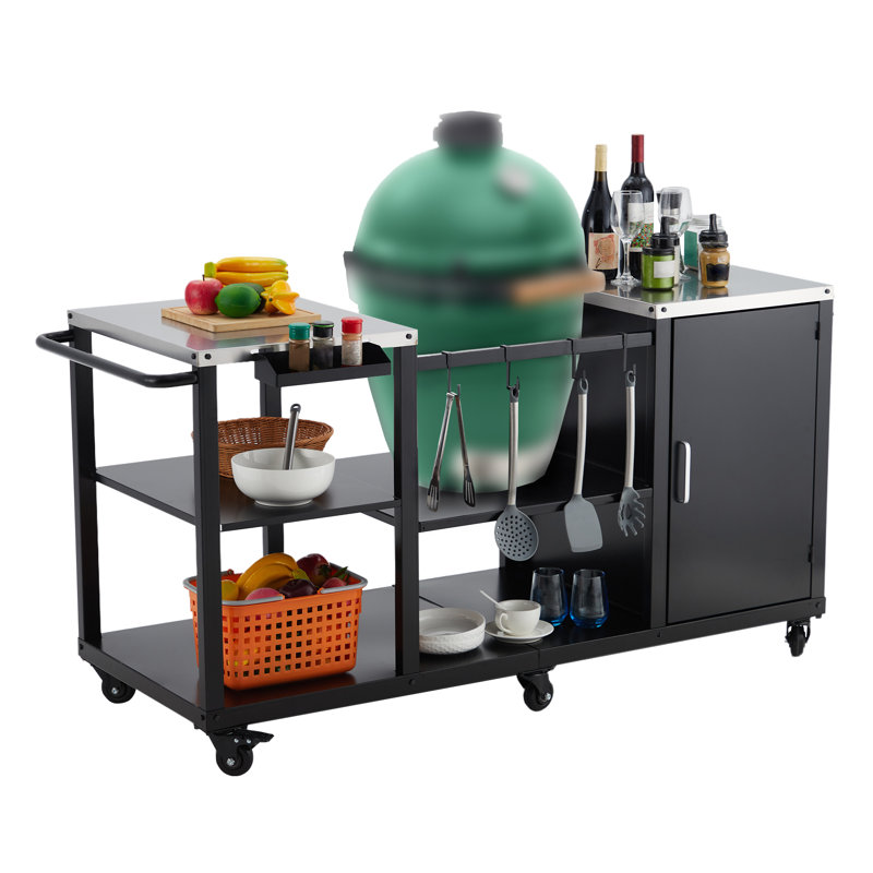 Table de gril d'extérieur noire 63 pouces pour Big Egg Table de chariot en métal avec crochets et supports Support de gril robuste compatible avec les grands gros œufs verts