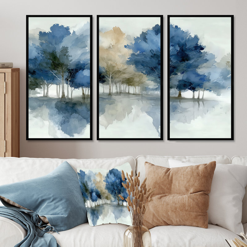 Bleu gris, aquarelle, érable, forêt, Canada - ensemble d'art mural érable, H 32 po x l 48 po, Noir