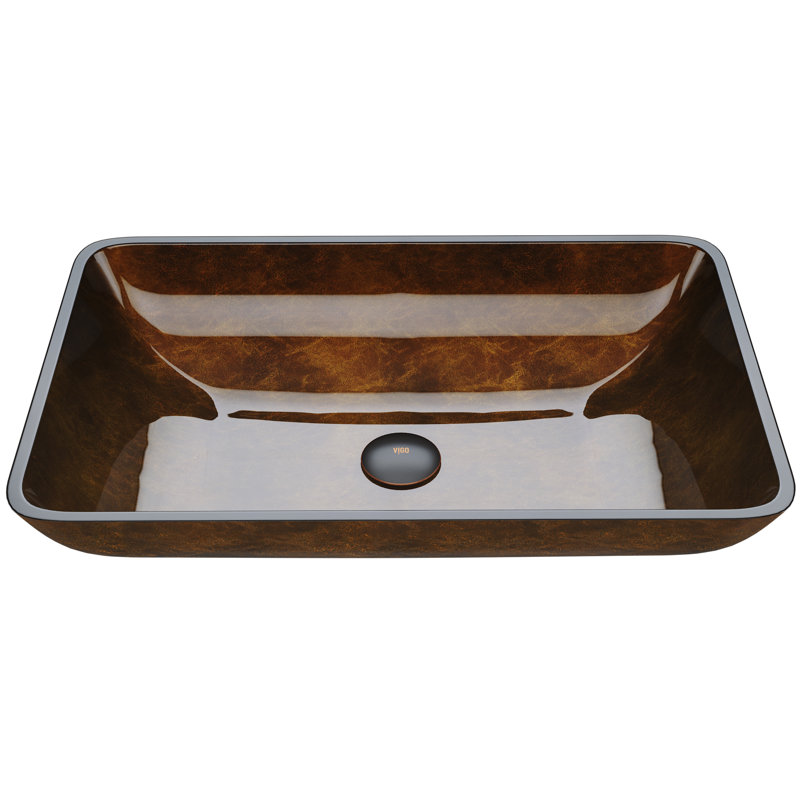 Donatello Golden Greek Glass Rectangular Vessel Bathroom Sink, Rich Chocolate Brown