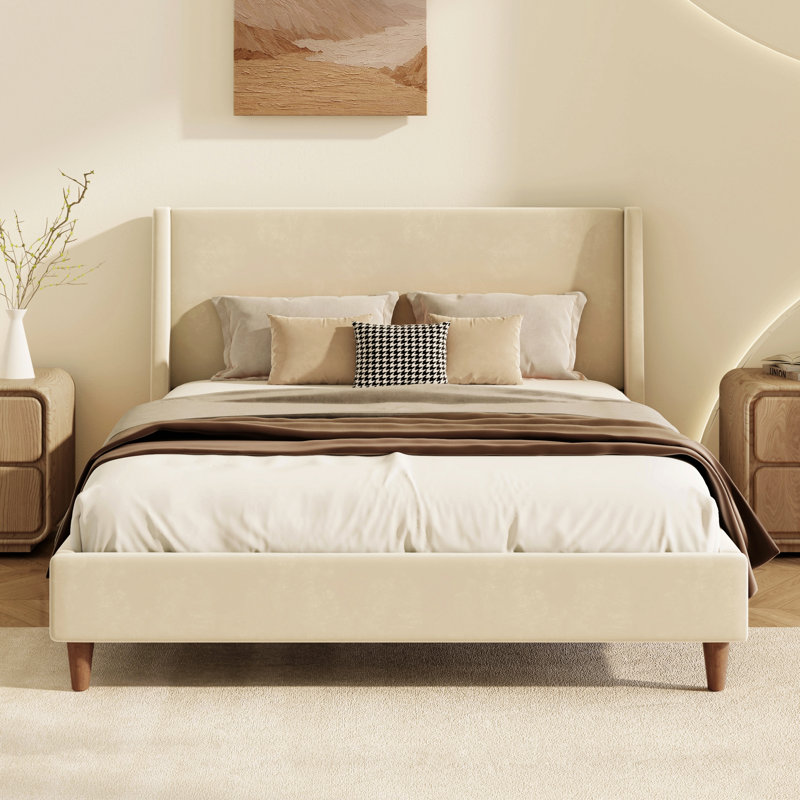Lit plateforme tapissier moderne avec tête de lit à oreilles et pieds en bois de noyer Modern, Beige