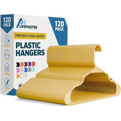 Lifemaster 120-pack Yellow Plastic Clothes Hangers – Heavy Duty, Space-saving With Non-slip Grooves, Holds 5 Lbs, Ideal For Coats & Dresses