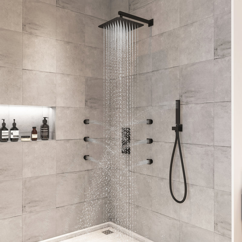 Système de douche thermostatique mural 3 fonctions 12 pouces avec 6 jets de corps, Noir mat