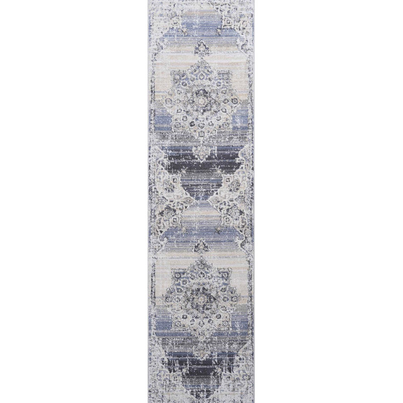 Stain Area Rug, 2x8 Cream/blue Medallion, For A Peaceful Home Stain- Rug In Cream/blue, Modern Living Room