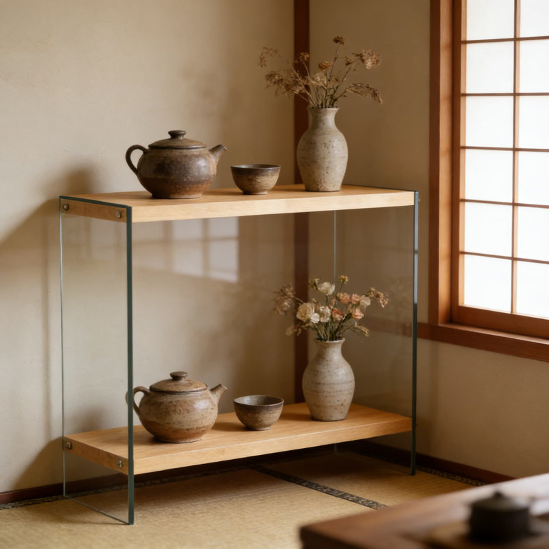 Console moderne avec pieds en verre trempé et canapé de rangement flottant à 2 niveaux pour le couloir ou le salon