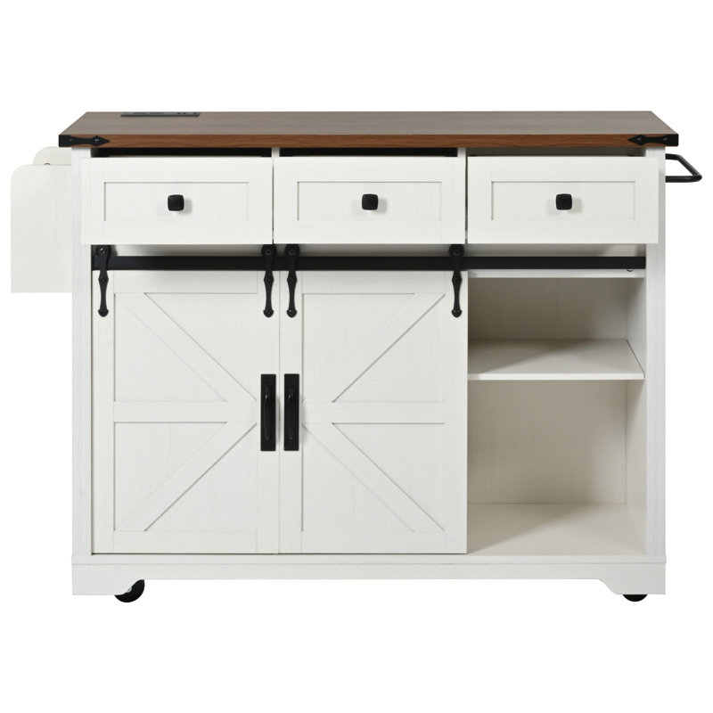 53.7" Farmhouse Kitchen Island With Power Outlet, White