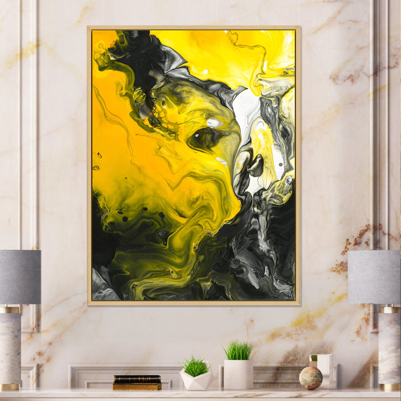 Jaune, jaune, noir et blanc, art liquide III - peinture sur toile, H 40 po x l 30 po x P 1,5 po, Cadre flottant en érable