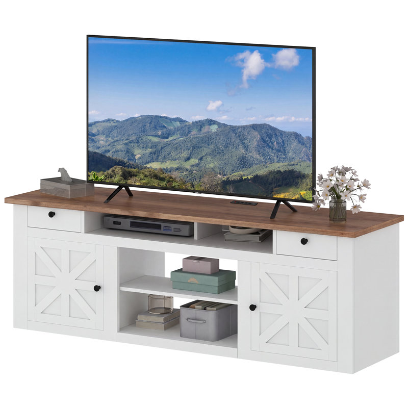 Meuble télé 70 po pour téléviseur de 80 po ou moins avec prise de courant, Blanc, 25.6" H x 70" W x 15.5" D