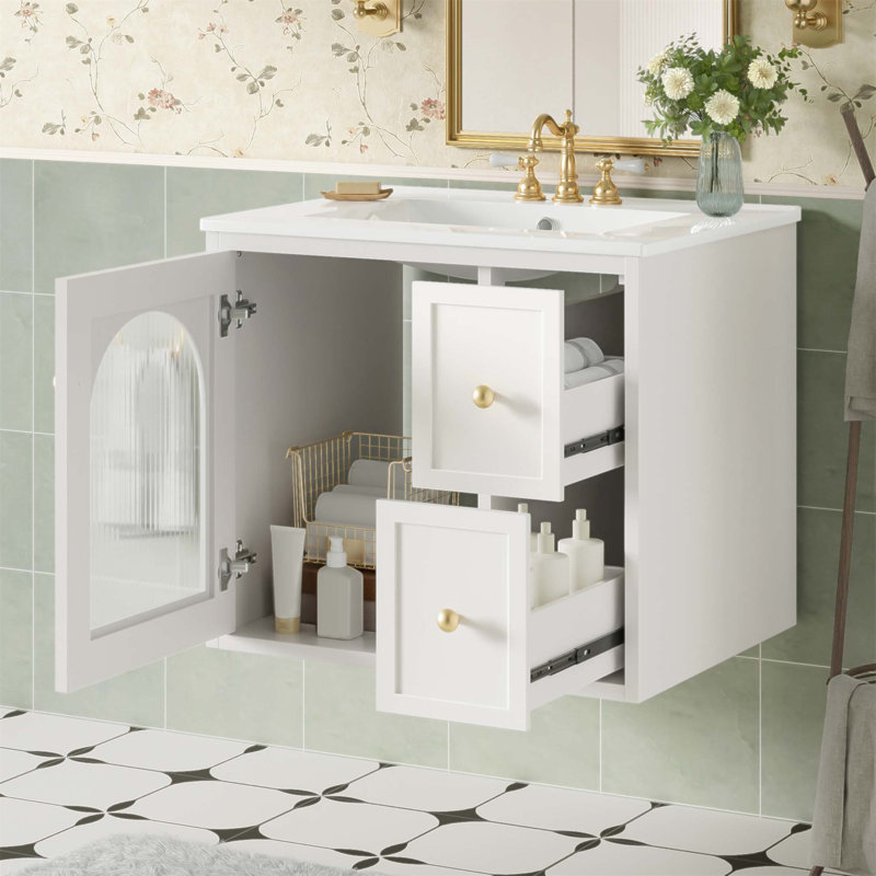 Ensemble de meuble-lavabo mural 24 po avec lavabo en céramique, 2 tiroirs et 1 porte à fermeture en douceur pour les petits espaces