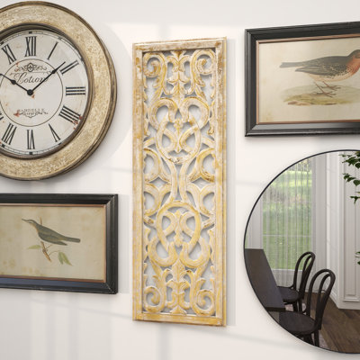 Wooden Handmade Intricately Carved Arabesque Scroll Gold Wall Decor with Cream Backing