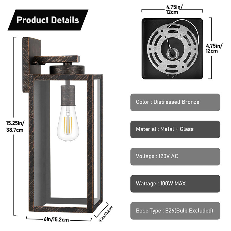 Ensemble de 2 luminaires muraux d'extérieur de grande taille (ampoules non incluses), Brun délavé