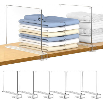 6 PCS Shelf Dividers For Closet Organization Acrylic Clear Closet Shelf Divider For Wooden Shelving Suitable For Wooden Or Vertical Shelves Or Bedroom, Kitchen And Office
