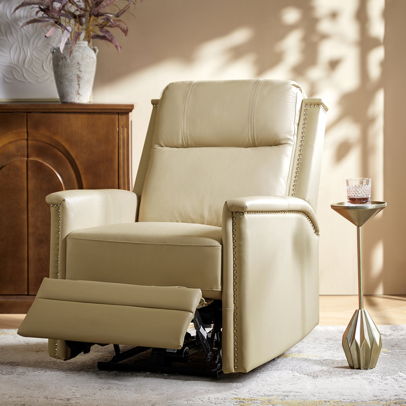 Electric Genuine Leather Power Recliner with Nailhead Trim and Built-in USB Port, Beige Genuine Leather