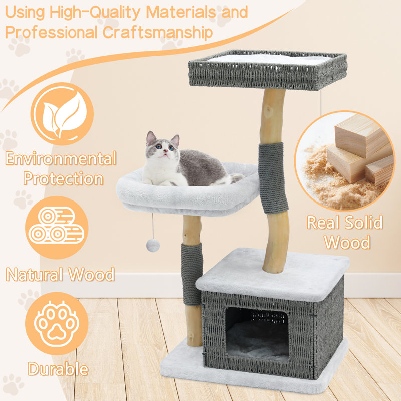 Tour d'arbre à chat en bois véritable de 39 pouces pour chats d'intérieur, tour d'escalade en bois avec poteau à griffes et lit