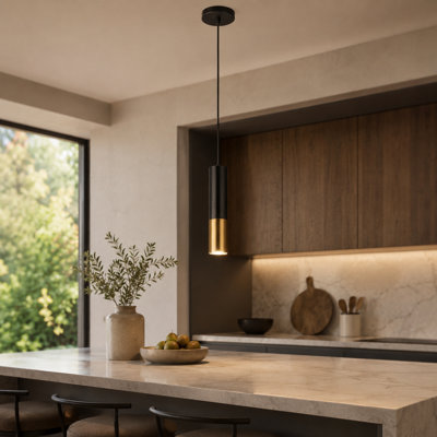 Modern Black & Gold Cylindrical Pendant Light, GU10 Socket, Adjustable Hanging Cord, No Bulb Included