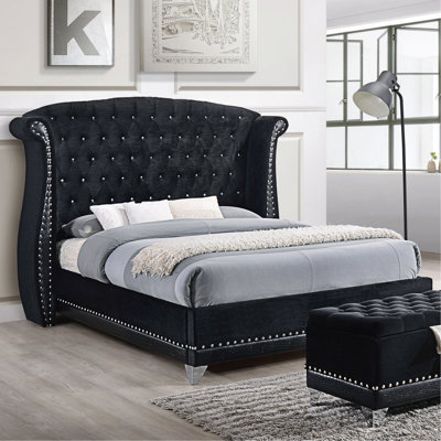Tamsin Black Queen Bed With Glamorous Rhinestone Tufting And Durable Hardwood Frame, Perfect For Modern Edgy Bedrooms.