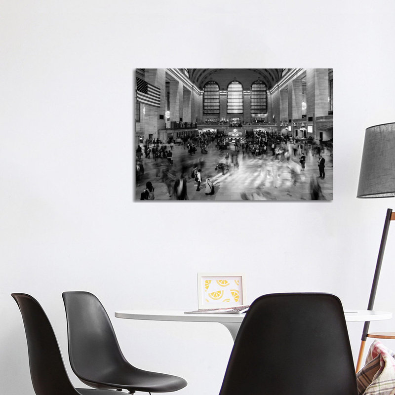 New York, New York, USA - Passengers Walking In Great Hall Of Grand Central Station In Black And White - Wrapped Canvas Print
