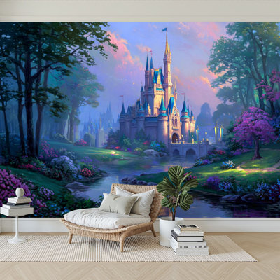 Peel and Stick Wallpaper 144" W x 100" H Modern Self Adhesive Wall Mural for Bedroom Romantic Fantasy Waterfall Dreamy Garden Magical Fairytale Castle
