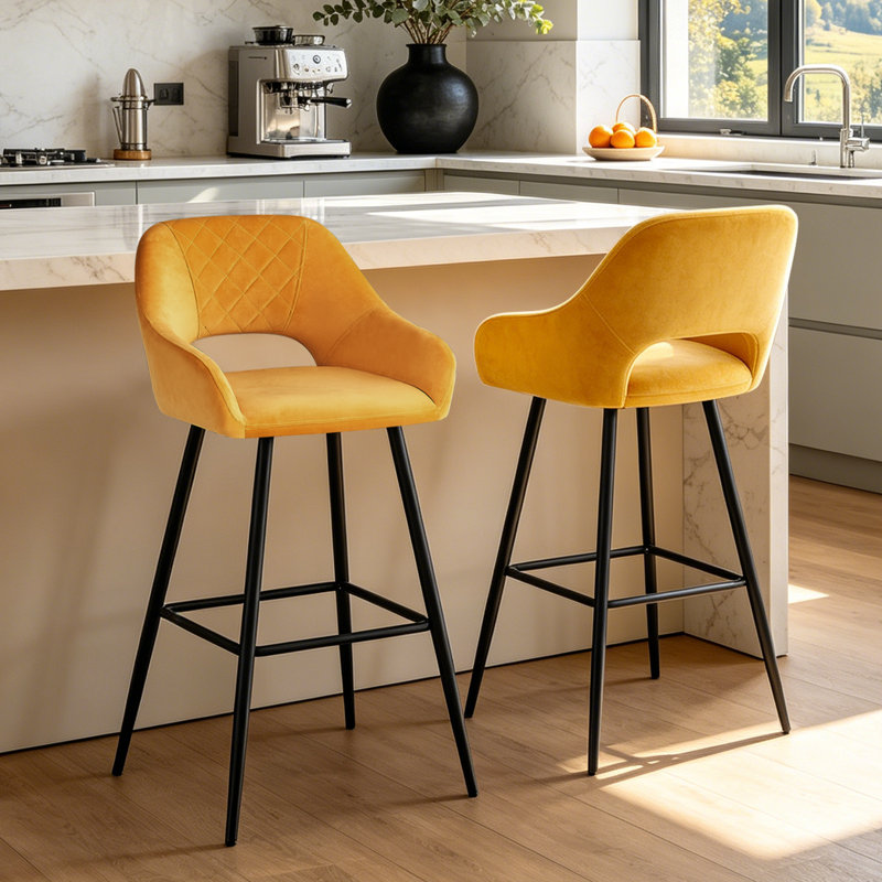 Velvet Upholstered Bar Stools with Armrests, Yellow
