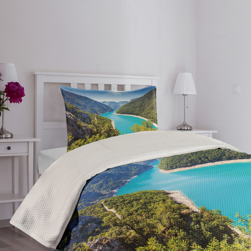 King Size Forest Green and Sky Blue Quilted Bedspread Set