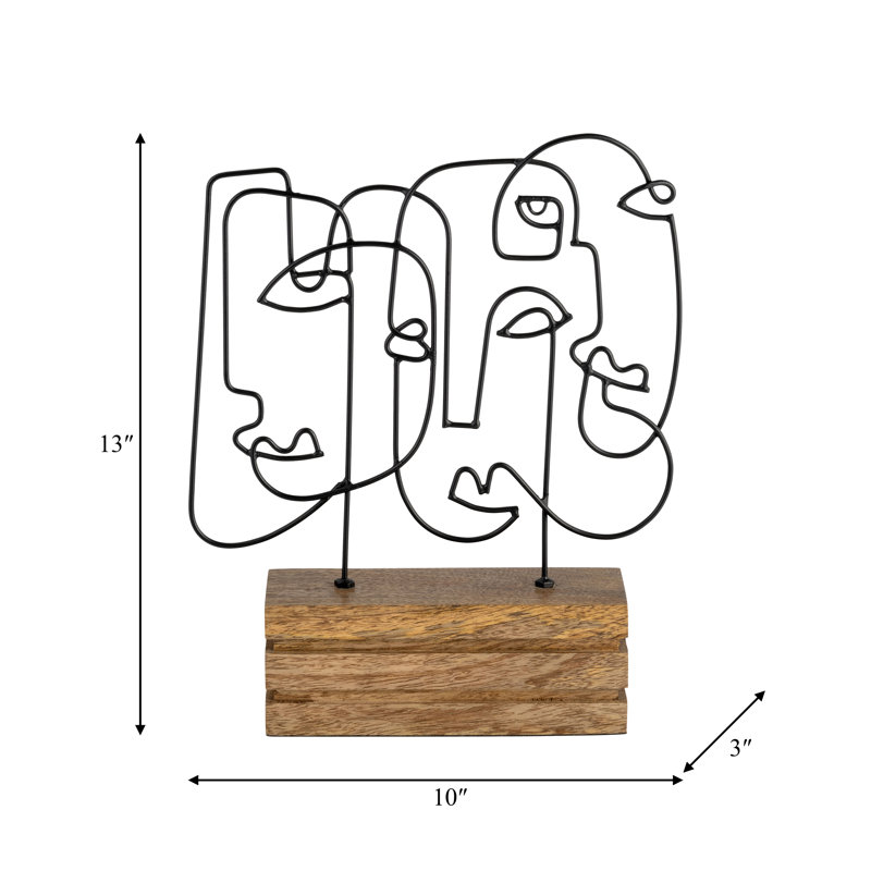 Metal Abstract Faces Table Deco, Black and Brown, Unique Sculpture Crafted with Iron and Wood