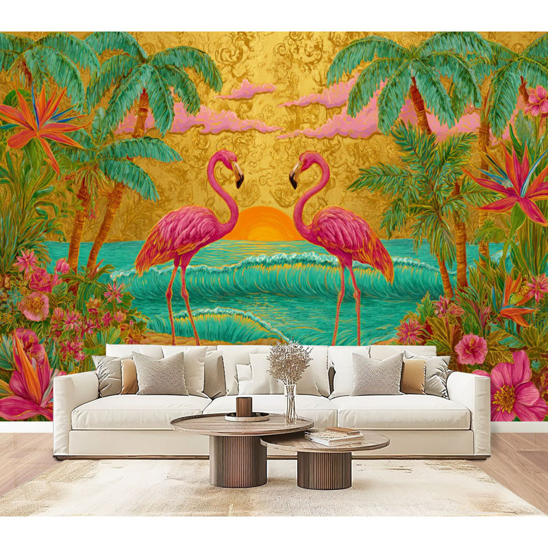 Papier peint adhésif Flamingo Serene Tropical Flamingo, L 96 po x l 69 po