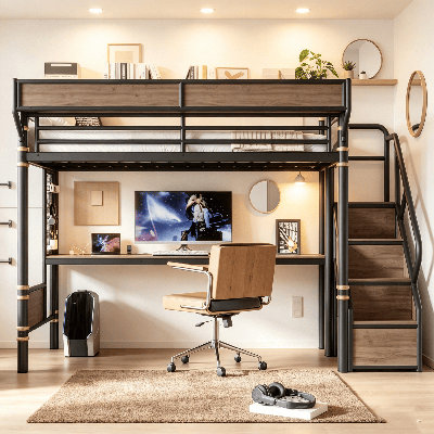 Lit mezzanine en métal, lit mezzanine en métal industriel avec bureau intégré, prise de courant et bande DEL, cadre de lit mezzanine en métal avec panneau perforé, paniers de rangement en filet et escalier de rangement, lit mezzanine pour chambre d'ado et chambre de dortoir