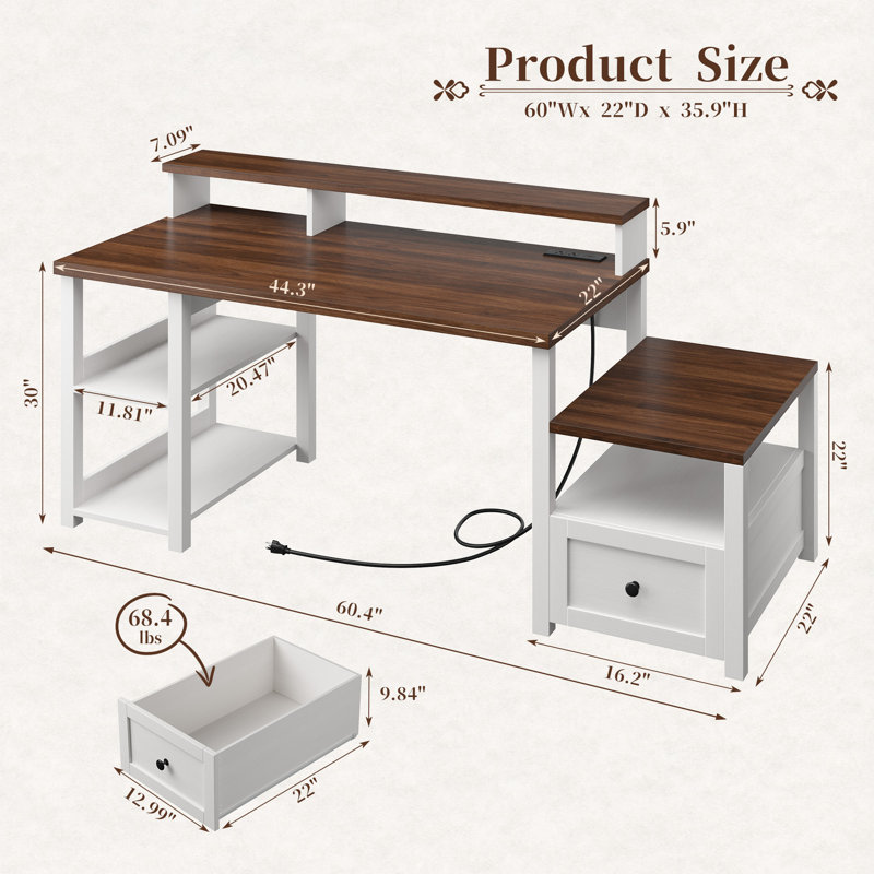 60.4"w X 22"d Farmhouse Computer Desk With Led Lights,power Outlet And Long Monitor Stand					, Brown/White
