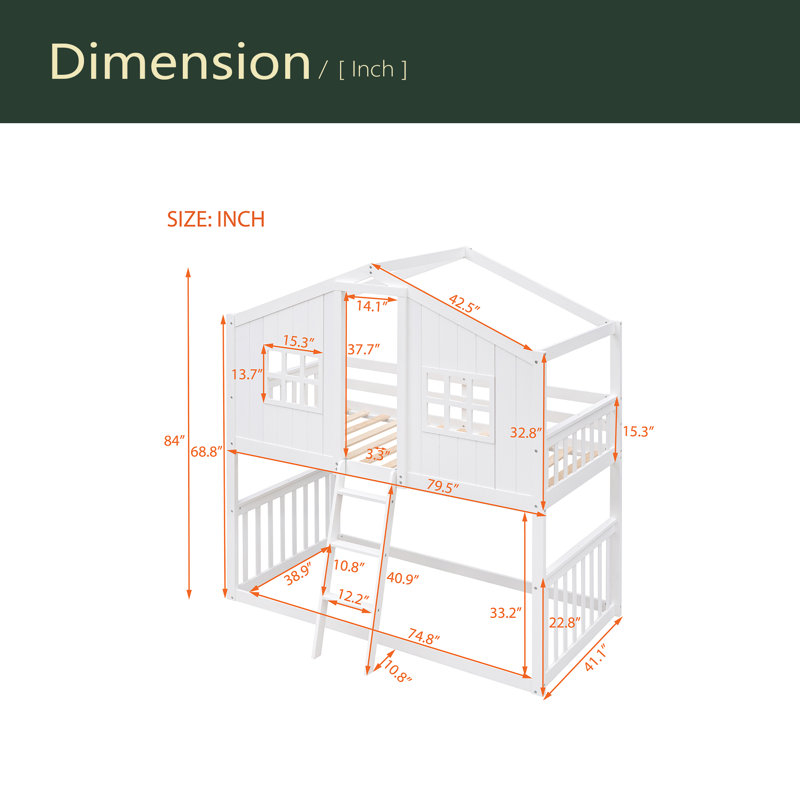 Twin Over Twin House Bunk Bed With Ladder, White