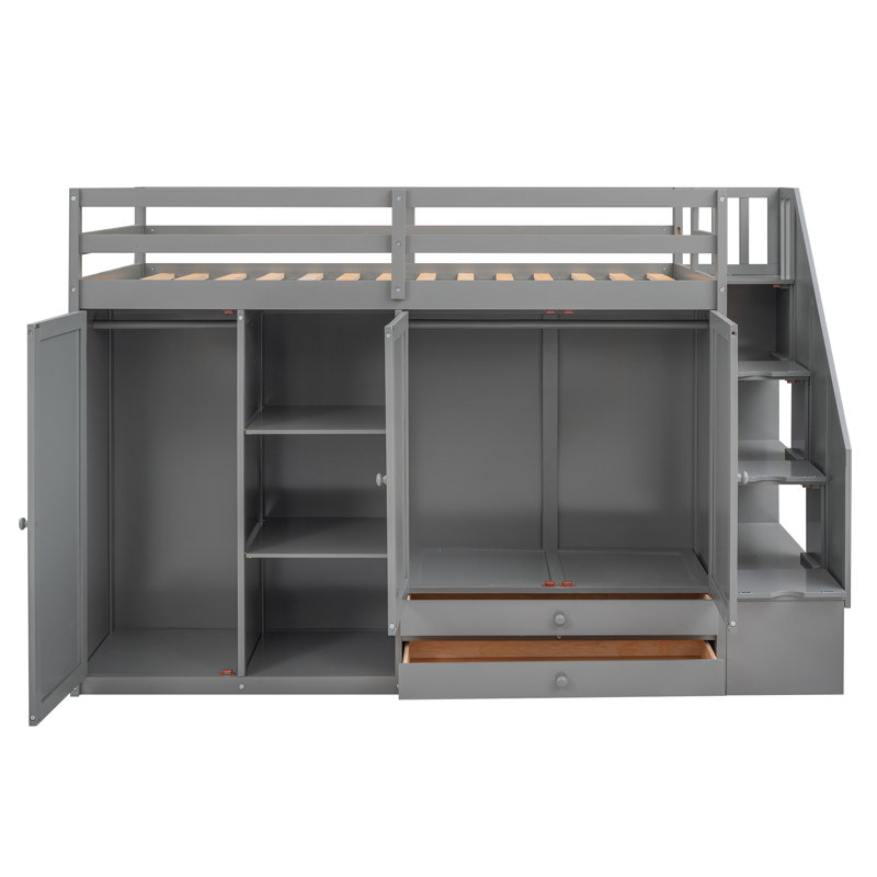 Functional Loft Bed With 3 Shelves, 2 Wardrobes And 2 Drawers,  Ladder With Storage, No Box Spring Needed, Grey, Grey