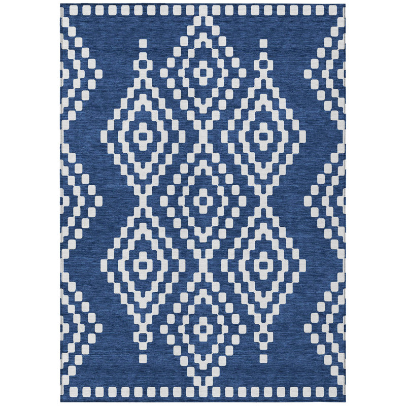 3' X 5' Navy Blue And Ivory Geometric Washable Indoor Outdoor Area Rug