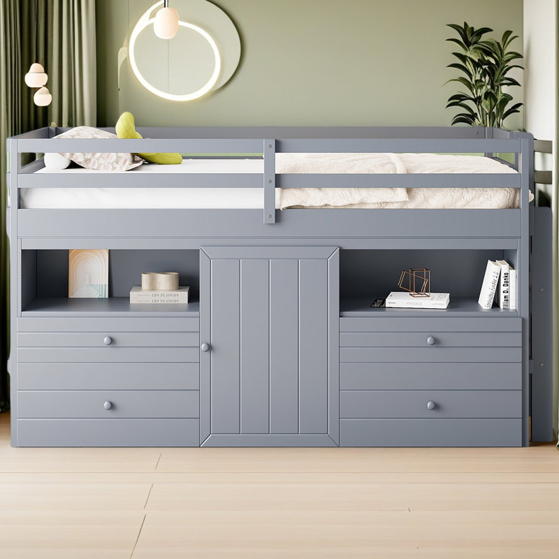 Lit mezzanine simple avec 4 tiroirs, sous l'armoire et les tablettes, Gris
