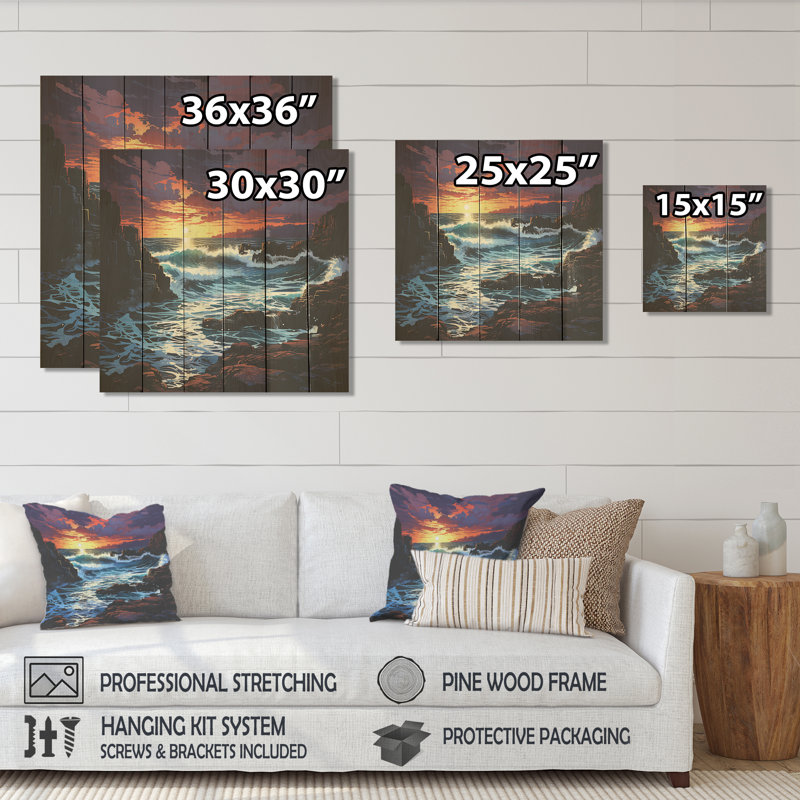 Coastline Sunset At The Rocky Beach - Coastal Sunset On Wood Print, 36" H x 36" W