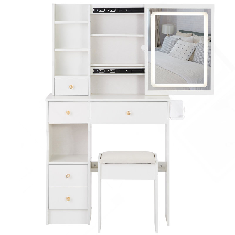 29.2" Small Size Left Drawer Desktop Vanity Table With Cushioned Stool,2 AC Outlets And 2 USB Ports Power Station,Hair Dryer Bracket,Brightness Adjustment