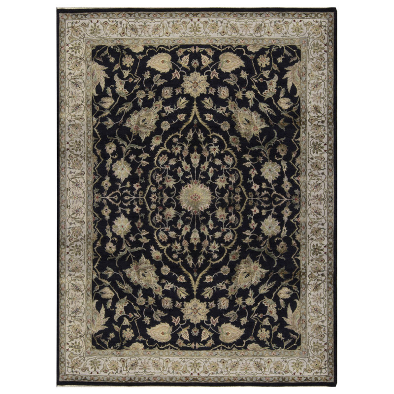 Tapis noir et ivoire de haute qualité noué à la main